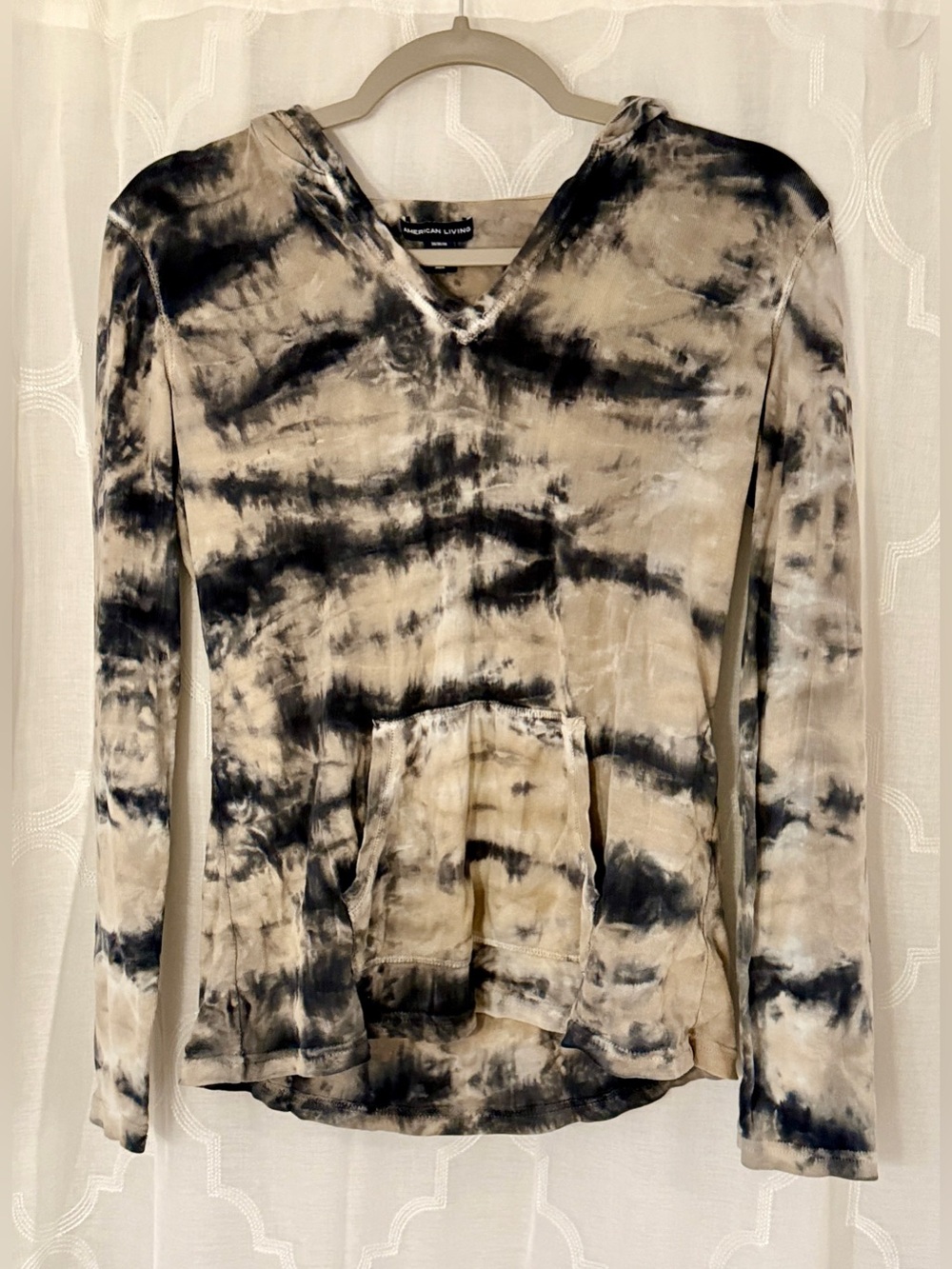 American Living Medium Black Beige Tie Dye Hooded Long Sleeve Top
